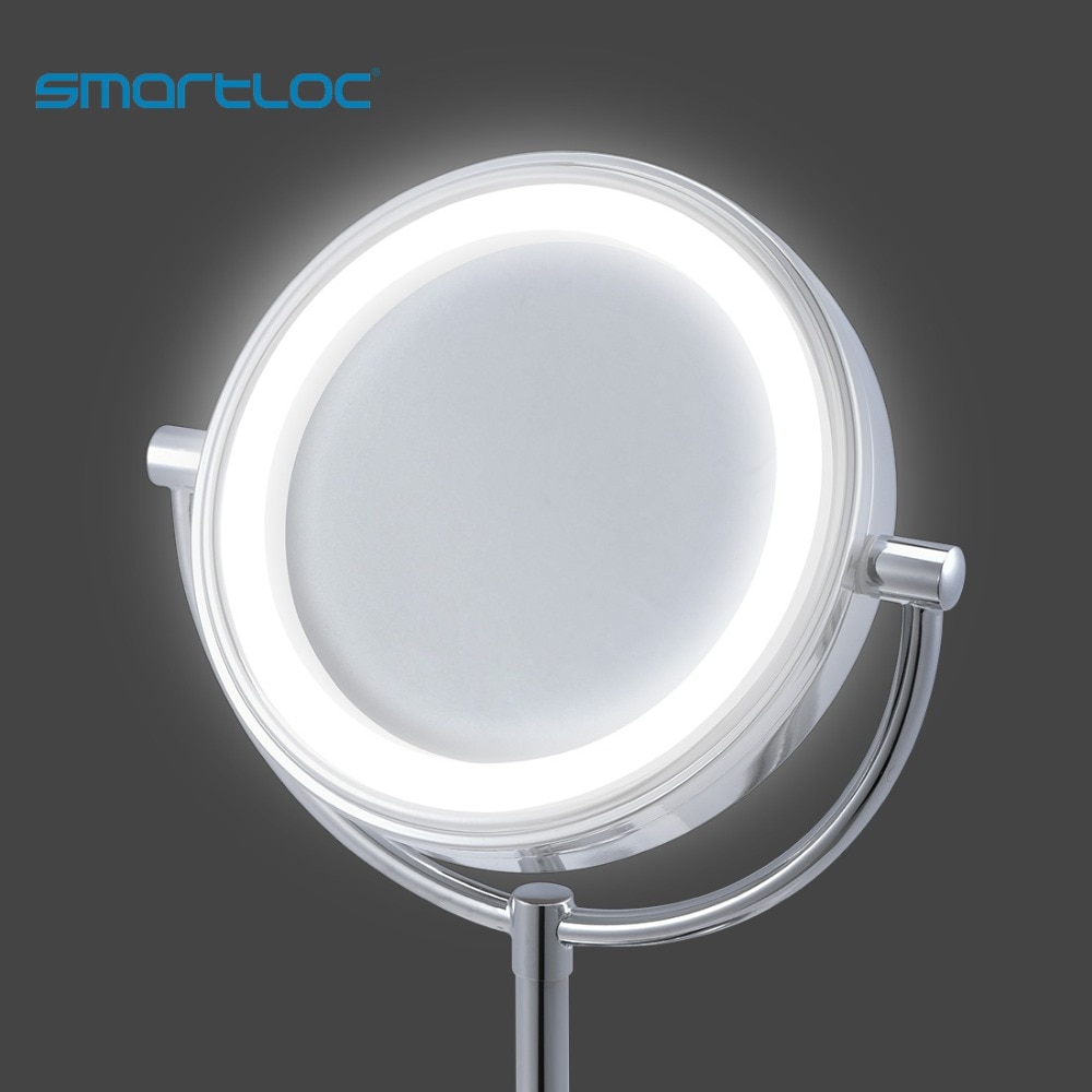 smartloc 2 Face Iron LED Lights Bathroom Stand Round Mirror Makeup 5X Magnifying Bath Make up Cosmetic Vanity Smart Wall