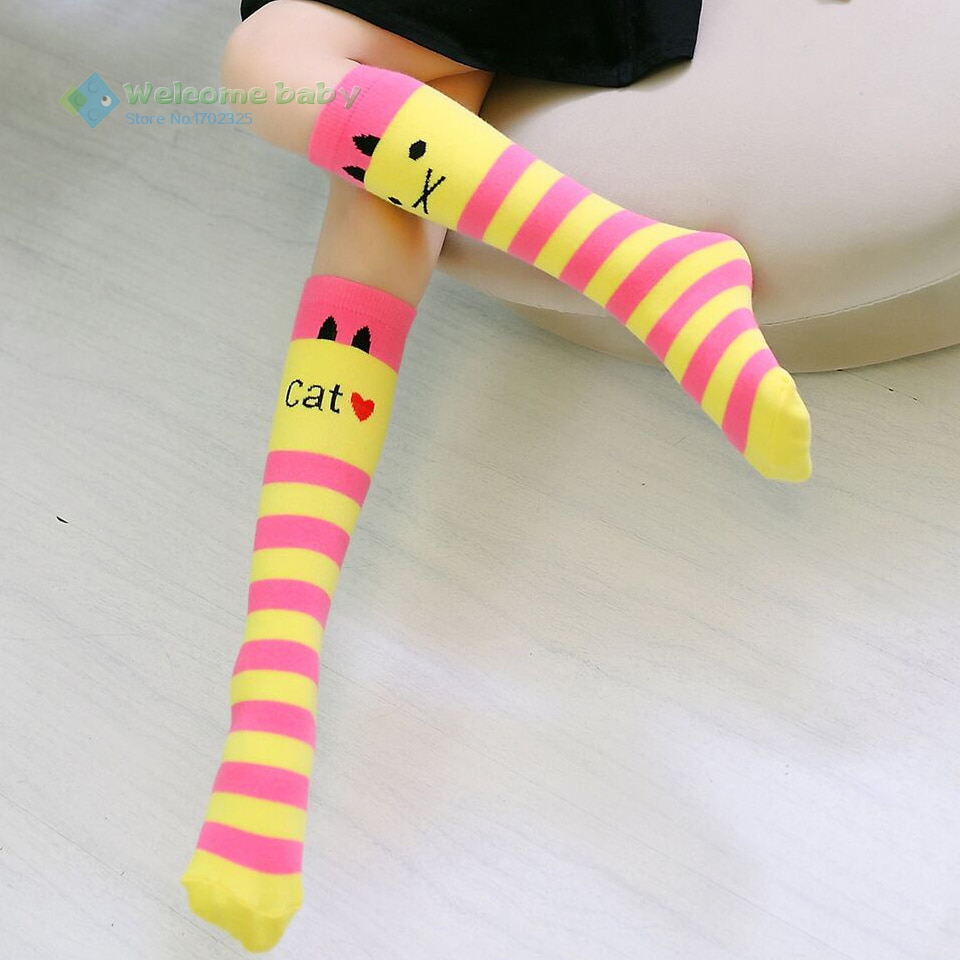 Karikatur Katze freundlicher Baumwolle Streifen Socken Schule Hohe Knie Socke für Mädchen Art Prinzessin Baby freundlicher Kleinkinder bein wärmer