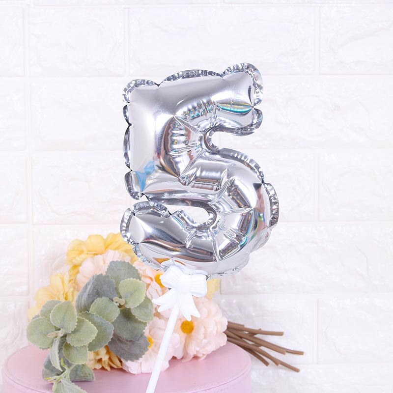 7Inch Mini Gold Silver Foil Number Balloons Cake Topper Diy Kids Birthday Cake Flags For Wedding Anniversary Birthday Decoration: Silver 5