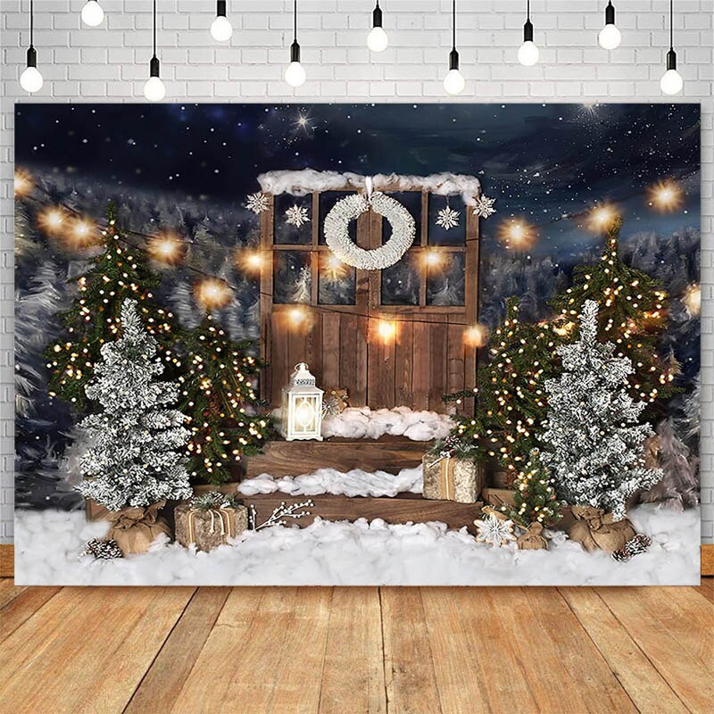 Noël neige photographie décors en bois porte pin lune décor toile de fond enfants Portrait Photocall arrière-plan Photo Studio