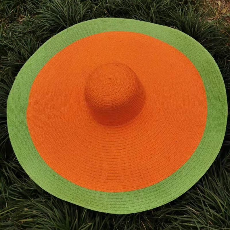 Summer Oversize Beach Hats For Women 25CM Brim Large Straw Hat Sun Protection Party Travel Hat: Green Orange