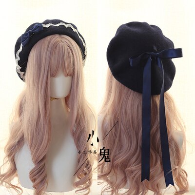 Søt jente lolita kjole tilbehør rosa kawaii bowknot beret søt blonder lett matchende høst vinter loli lue: 4
