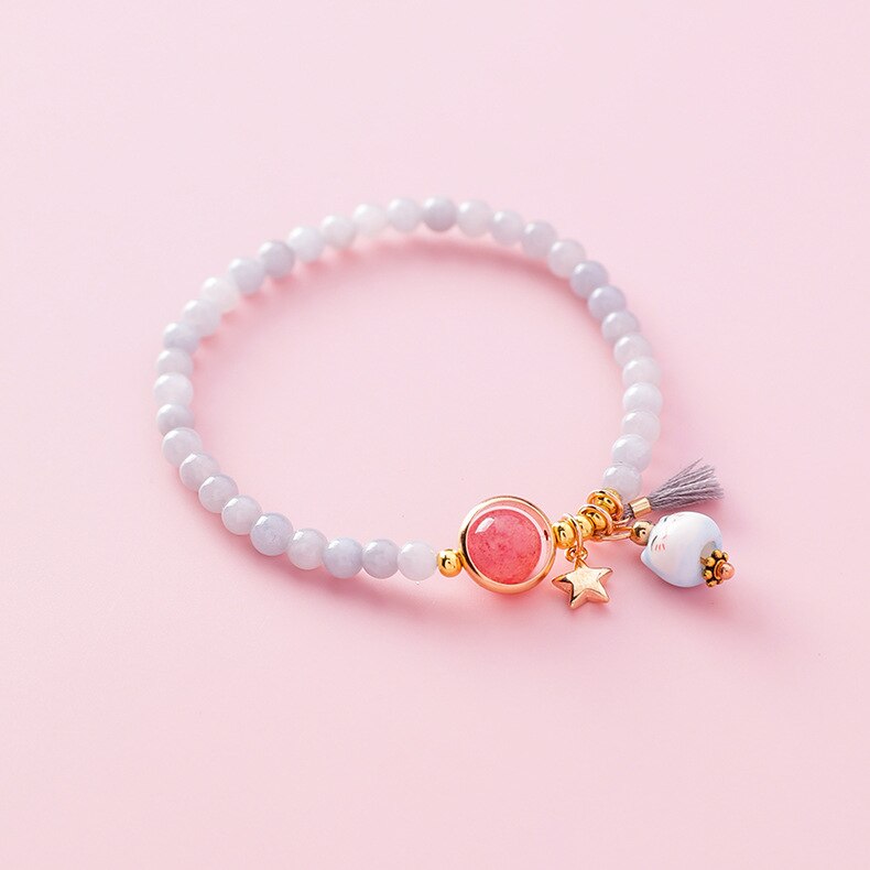 Doreen-pulsera de cuerda de gato de cerámica Kawaii para mujer, brazalete sencillo tejido a mano, cuentas de borla, joyería de de estilo japonés: Beaded-Gray