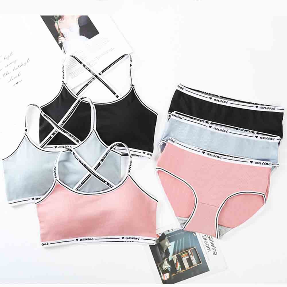 Girls Bra and Panty Sets Teenage Padded Sport Training Bra+Panties Puberty Students Letter Printed Brassiere Underwear Panties