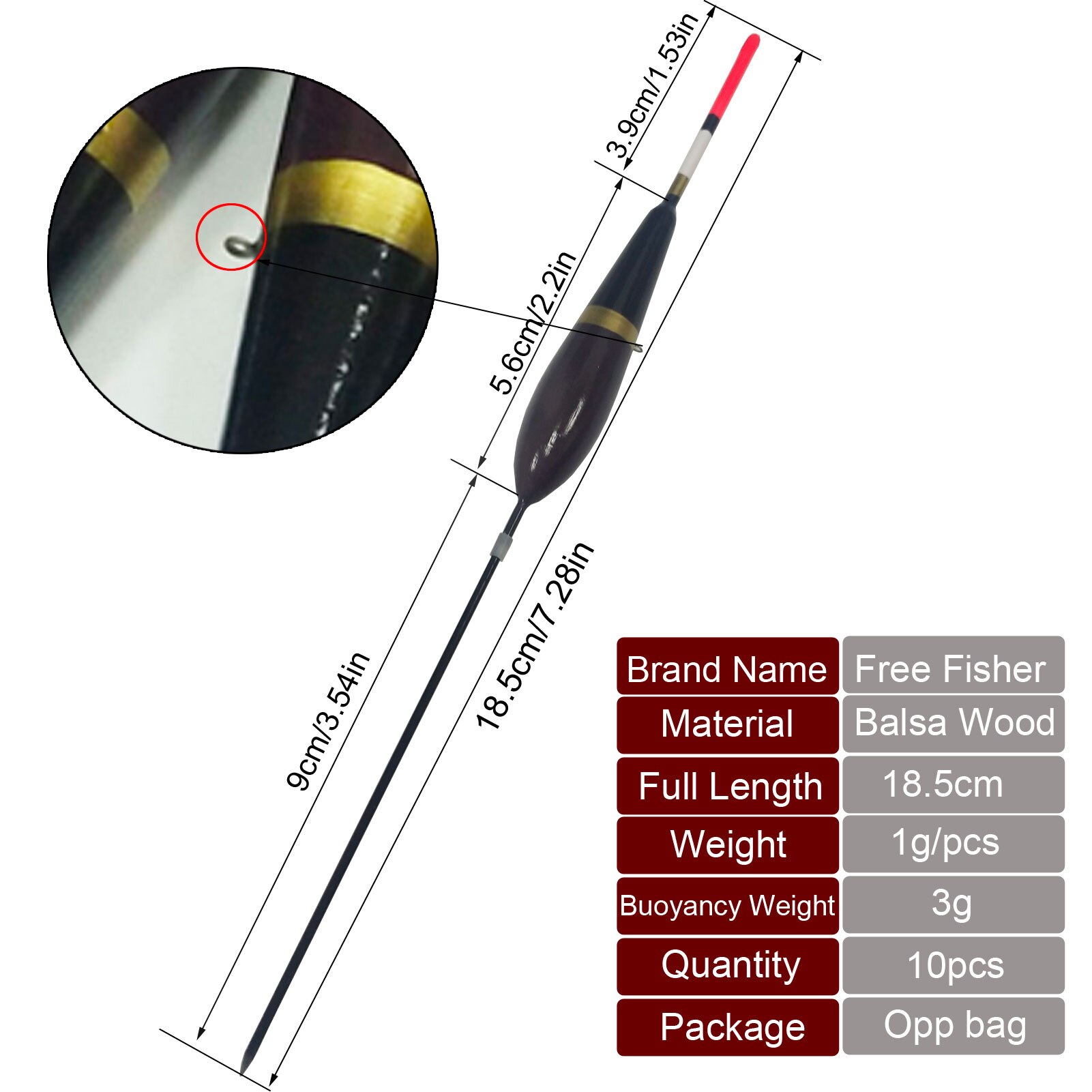 Flotadores de corcho de pesca, antena Balsa de madera dura de 1g, cola larga, Vertical, 18,5 cm/7,28 pulgadas, 10 Uds.