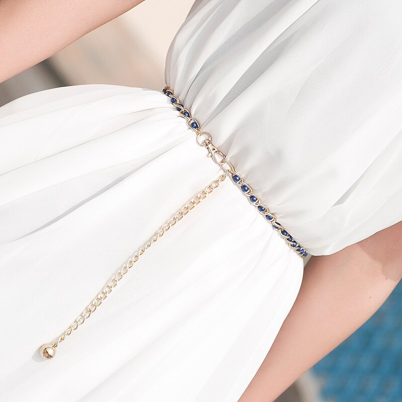 Cinturón de cadena de cintura estrecha con perlas de imitación para mujer, accesorios para vestido de tirantes, 9 colores