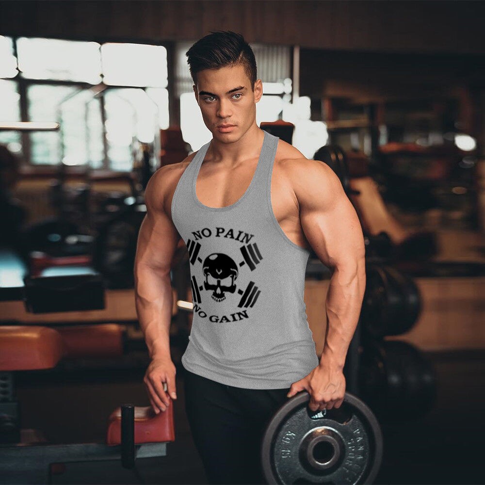 Fitness da uomo nessun dolore nessun guadagno canotte palestre atletico uomo Bodybuilding canottiera palestra Fitness camicie: Grigio / S