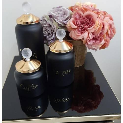 Decoratieve Glas Opslag Pot Edelsteen Dore Thee Koffie En Suiker Opslag Potten Geel Zwart Patroon