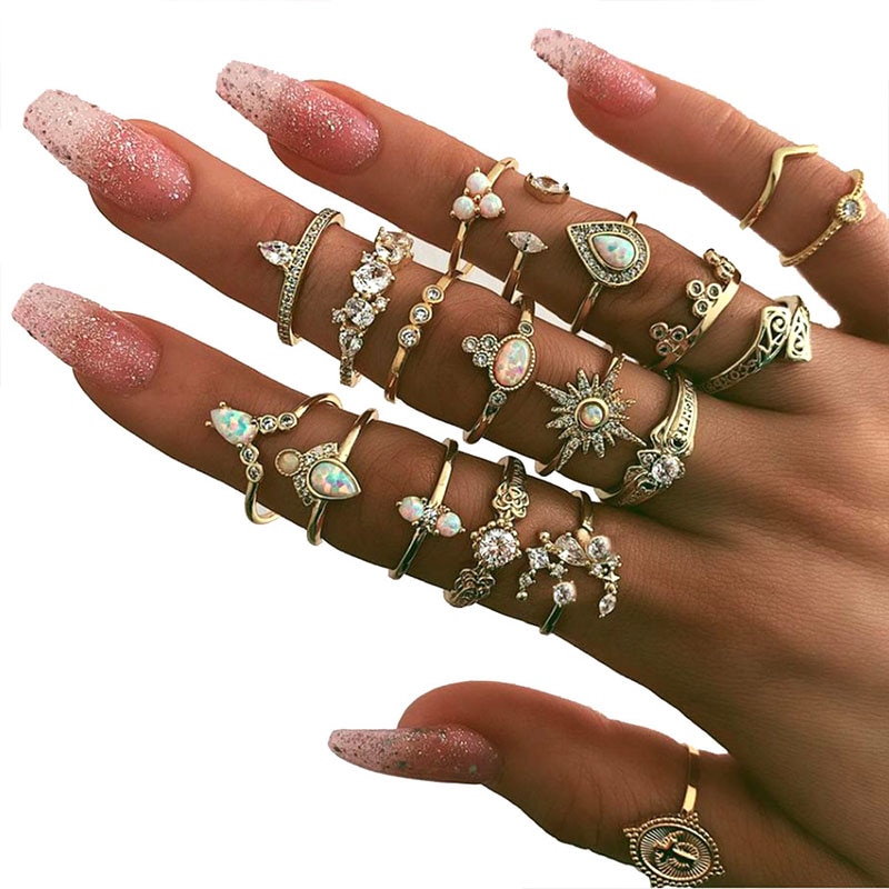 19 Pcs/set Bohemian Vintage Crown Water Drops Star Geometric Crystal Ring Set Women Charm Joint Ring Party Wedding Jewelry