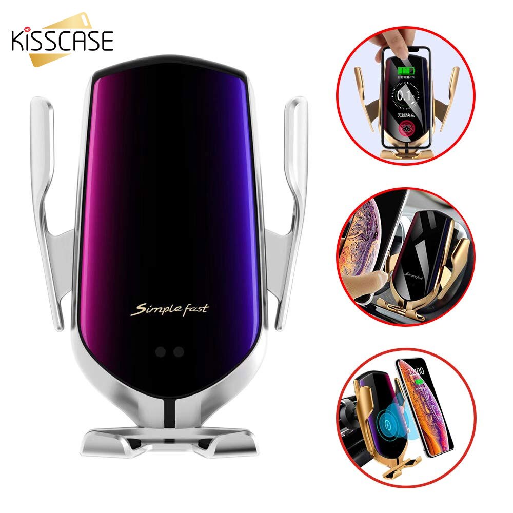 Kisscase Automatic Clamping Fast Charging Car Phone Holder for iPhone 11 7 For Samsung Mobile Phone 10W Wireless Car Charger