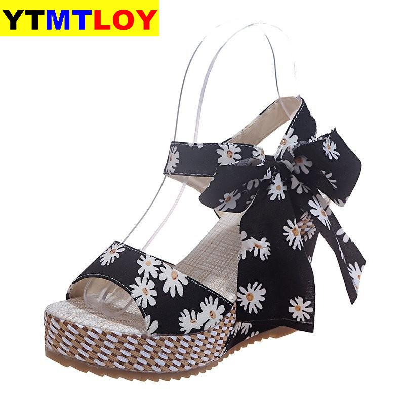 Chaussures d'été pour femmes, plate-forme à nœud papillon Floral, talons hauts, sangle de cheville bohème, chaussures à bout ouvert