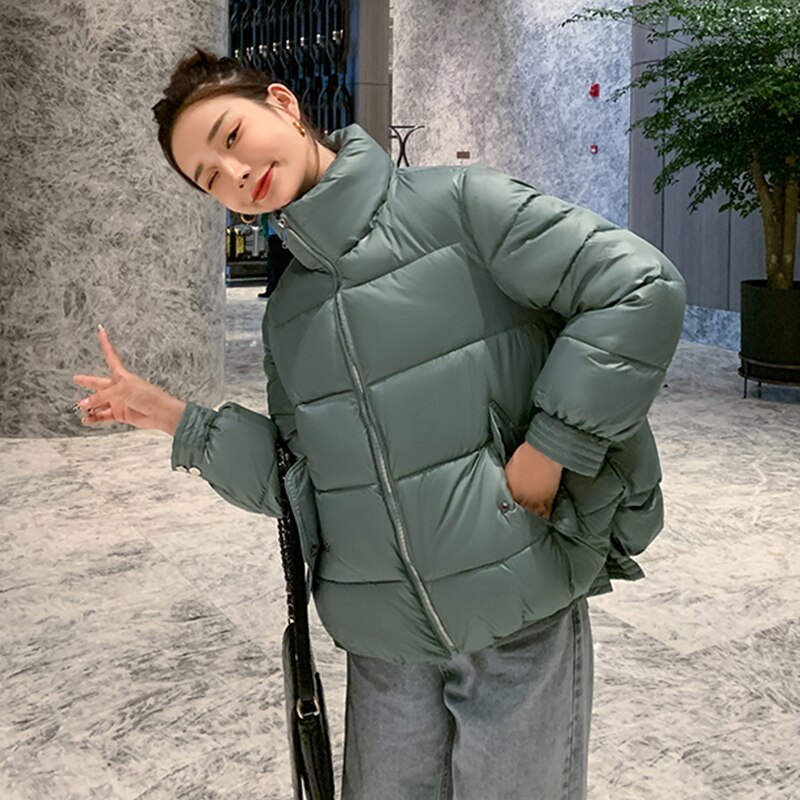 Solide Col Montant Courtes Oversize Veste Hiver Femme Doudoune Mat Parkas Épaissir Fermeture Éclair Décontracté Outwear Femmes