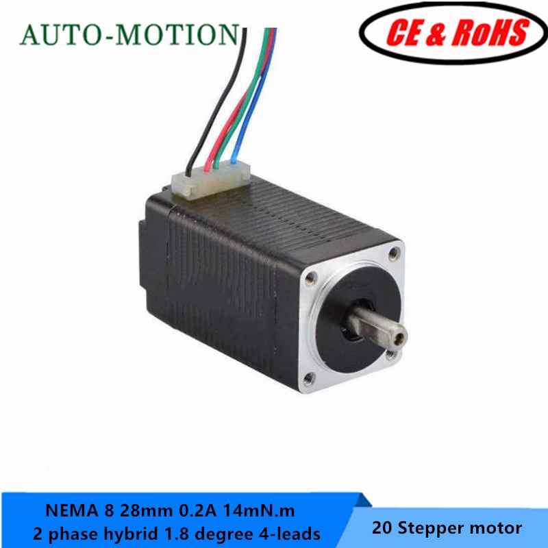 Nema 8 Stappenmotor 20 Bygh 28 Mm 14mN. M 4-Lood 1.8deg 0.2A Nema8 Stap Motor