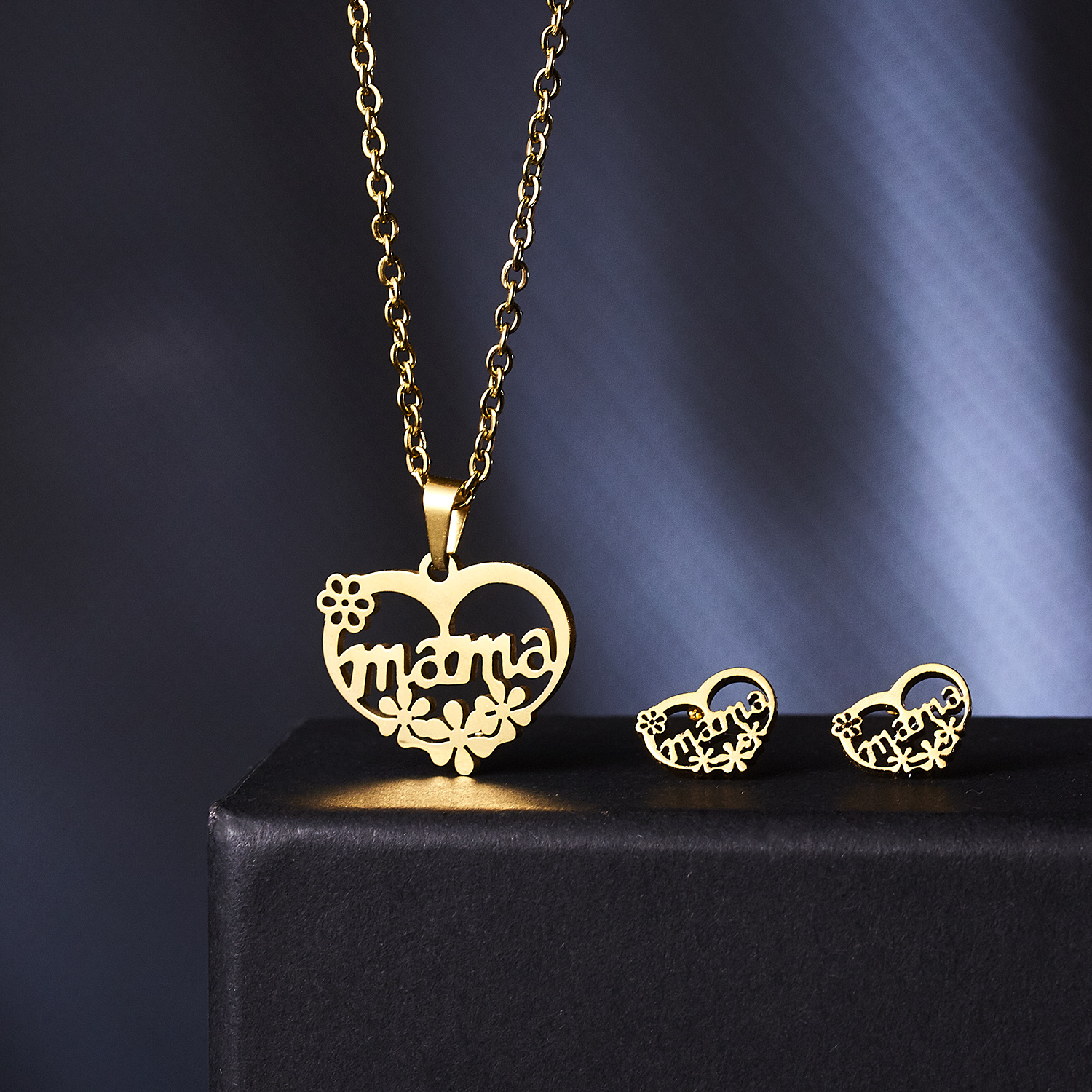 Rinhoo-Conjunto de joyería para el día de la madre, colgante de acero inoxidable con forma de corazón, rosa, flor, collar, pendientes, de Acción de Gracias para mamá: 7