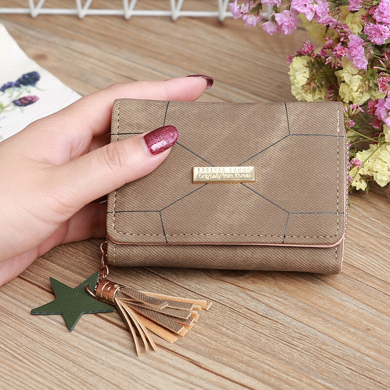Women's short wallet PU leather female plaid wallet tassel card holder wallet woman small zipper wallet coin purse