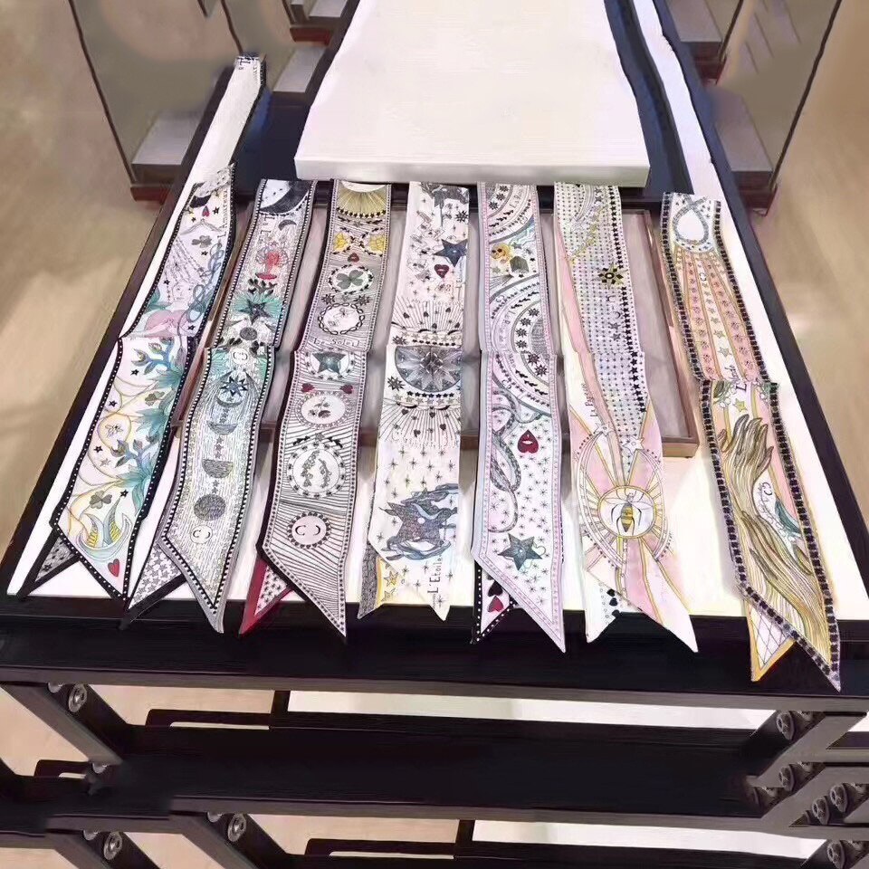 Pequeño pañuelo de seda para mujer, bolso con asa estampada, cintas de , pañuelo para la cabeza, bufandas delgadas pequeñas y largas, ,