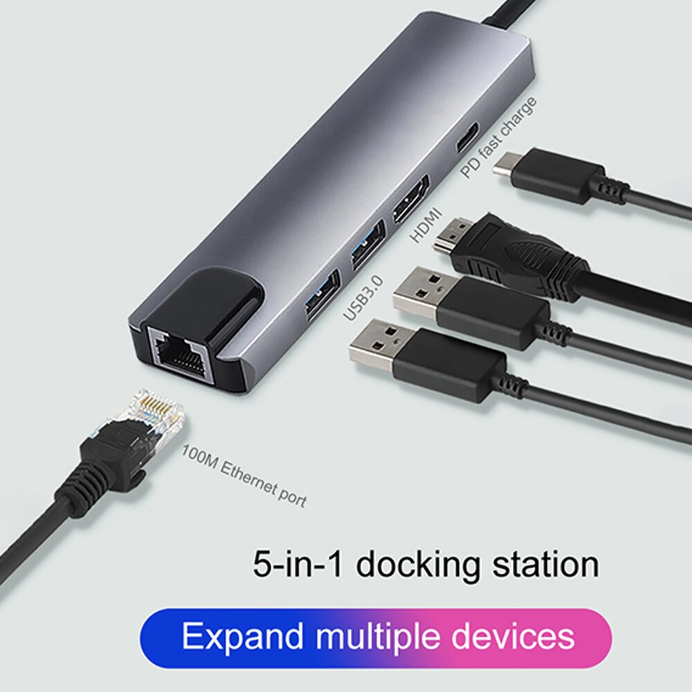 5in1 Type-C Hub USB-C Naar Hdmi USB3.0 Lan Ethernet Docking Station Multifunctionele Usb C Hub Adapter pd Snel Opladen Voor Macbook