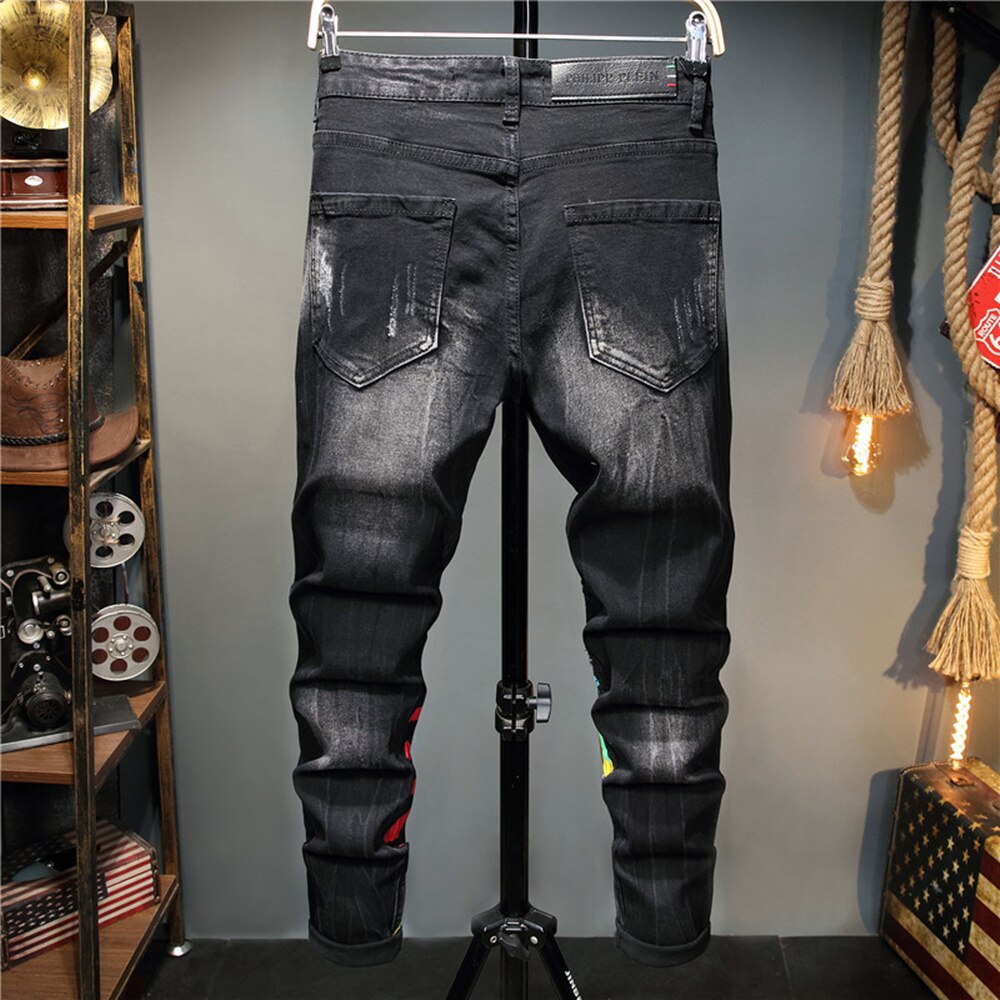 Jean noir imprimé Graffiti pour homme, vêtement pour adolescent, Micro élastique, tendance, décontracté