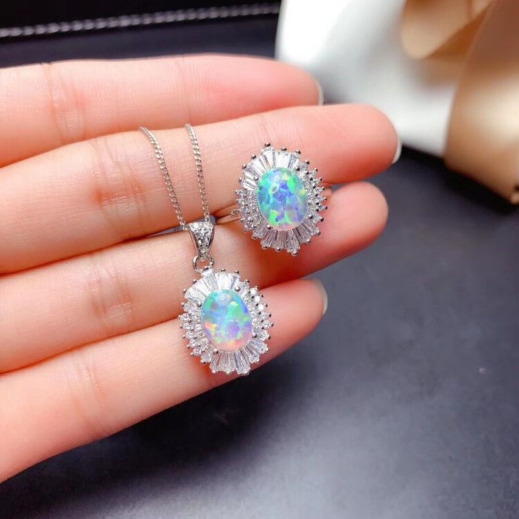 MeiBaPJ Natural Opal Gemstone Sunflower Ring and Necklace 2-Pieces Siut for Women Real 925 Sterling Silver Fine Jewelry Set