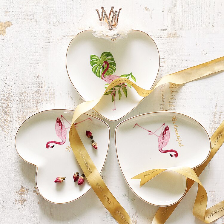 Ins Flamingo Plate Ceramic Porcelain Heart-shaped Pastry Dish Spaghetti Plates Fruit Saucer Home Tableware Dinnerware