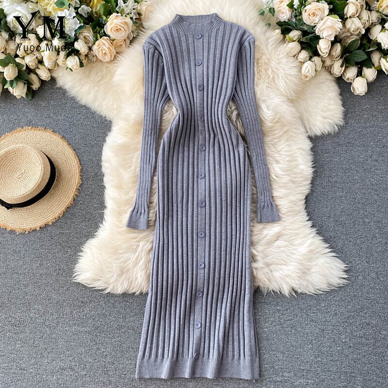 YuooMuoo French Long Slim Single-breasted Knit Long Sleeve Dress Women Autumn and Winter Bodycon Sweater Dress Vestido