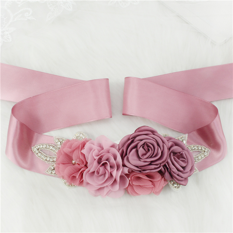 Cinturones de boda con diamantes de imitación para mujer, accesorios de boda, banda de flores de satén, pretina para niña, cinturón de boda: Purple red
