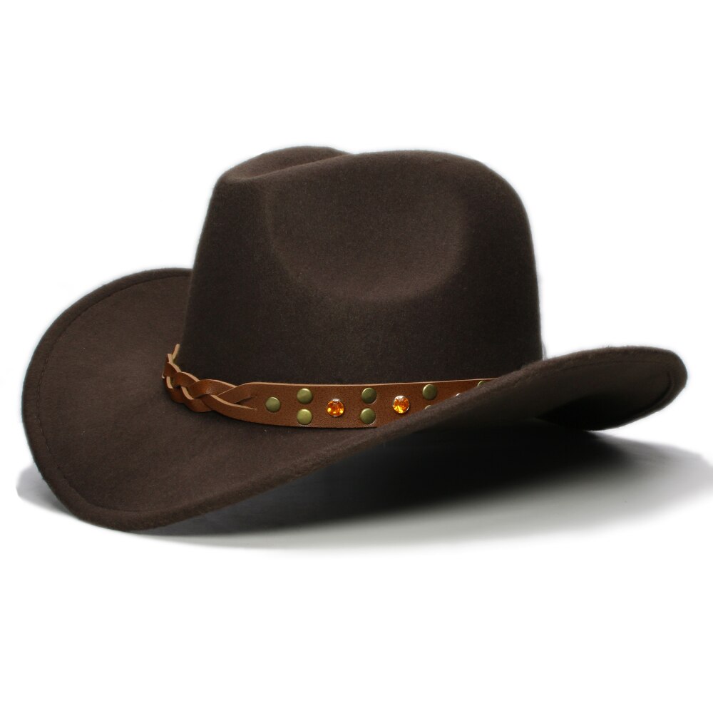 Retro Turquoise Yellow Crystal Band Parent-child Unisex /Kid Wool Wide Brim Cowboy Western Hat Cowgirl Bowler Cap (57cm/54cm): Brown / Adult Size 57cm