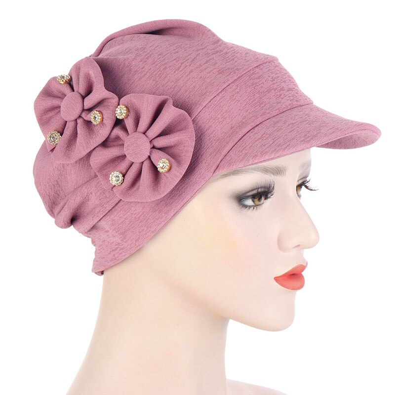 Muslim Turban Hijab Cap Women Turban Hat With Brim Flowers Head Wraps Solid Sun Protection Hats Lady Head Wear Turban: Purple