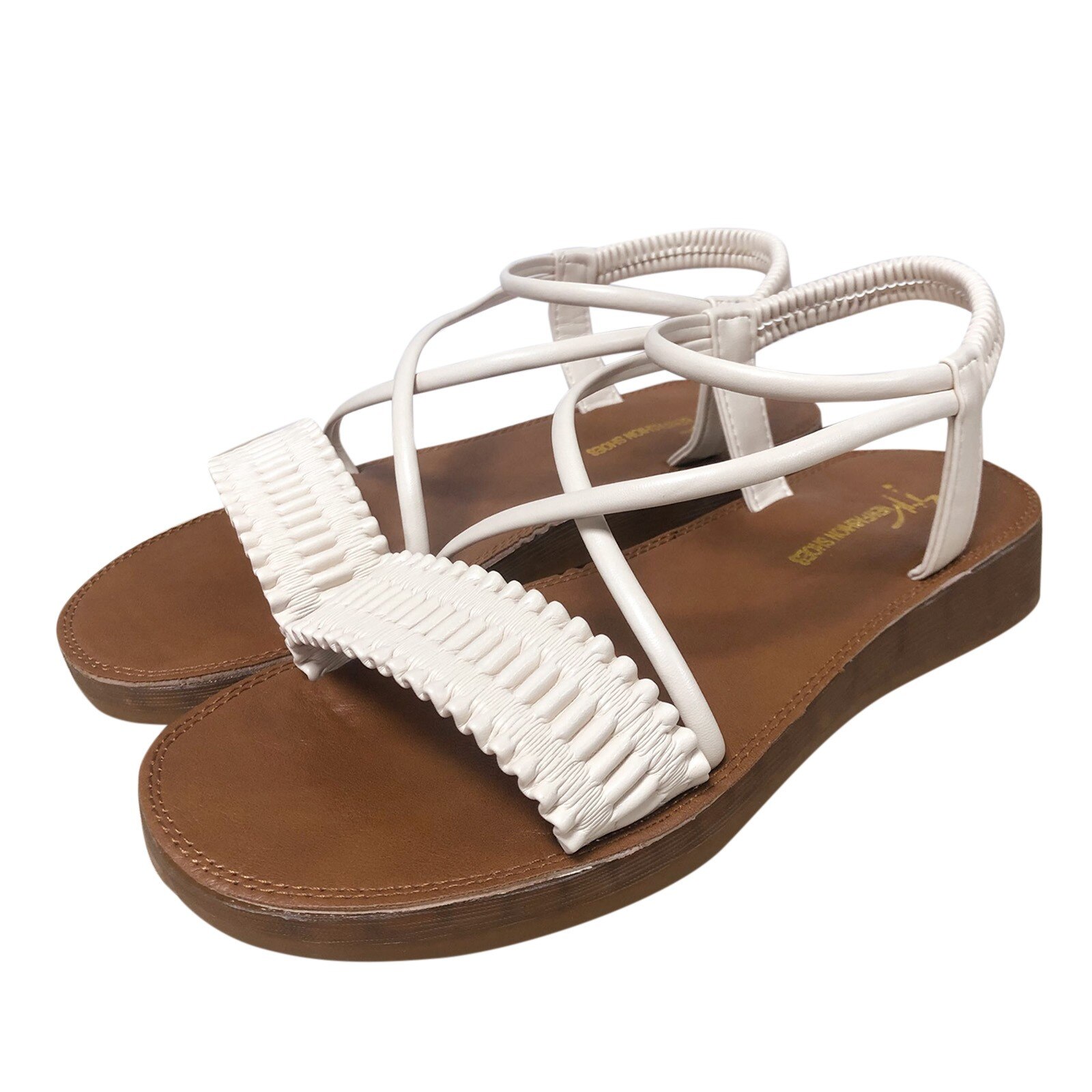 Sandalias planas con banda elástica cruzada para mujer, zapatos de playa informales con pliegues elegantes, cómodos, de fondo suave, Color sólido, para verano: Beige / 37