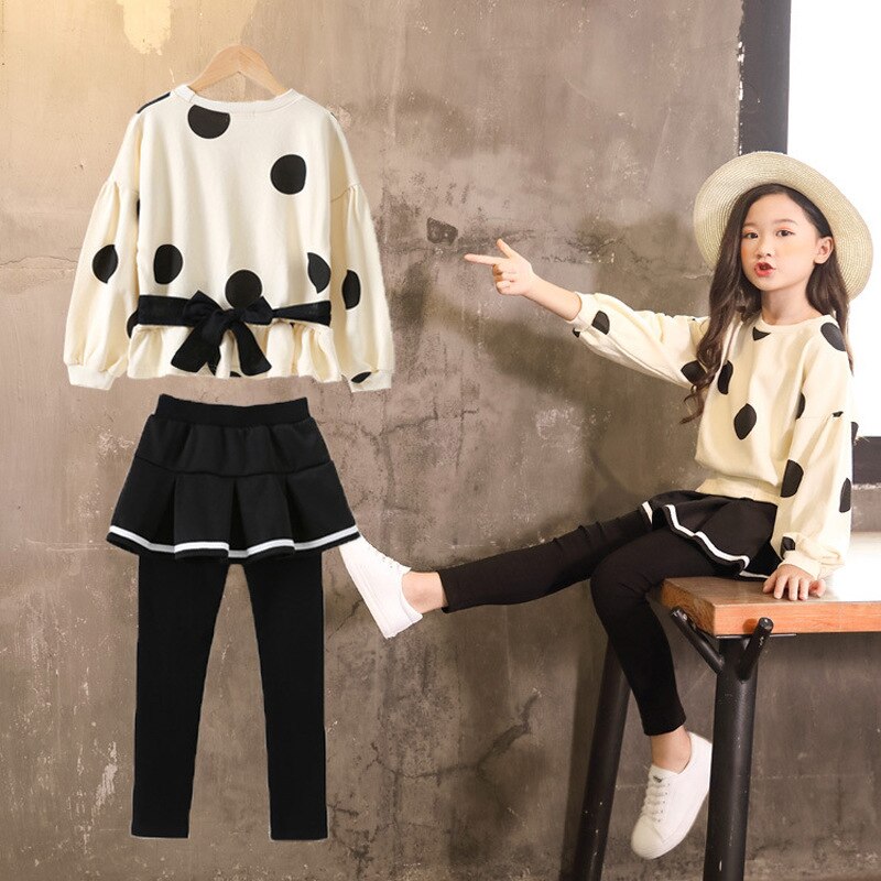 Mädchen Kleidung Langarm Punkt Shirt + Felsen Hosen 2Stck Mädchen Kind Kleidung einstellen Herbst Frühling freundlicher Schule Kleidung 6 8 10 jahr
