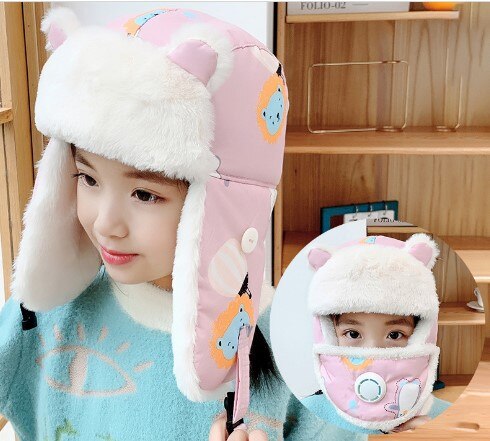 Plus Fleece Bomber Cap Child Winter Keep Warm Girl Cute Cartoon Boy Windproof Ear Protection Face Mask Gorra: Color 8