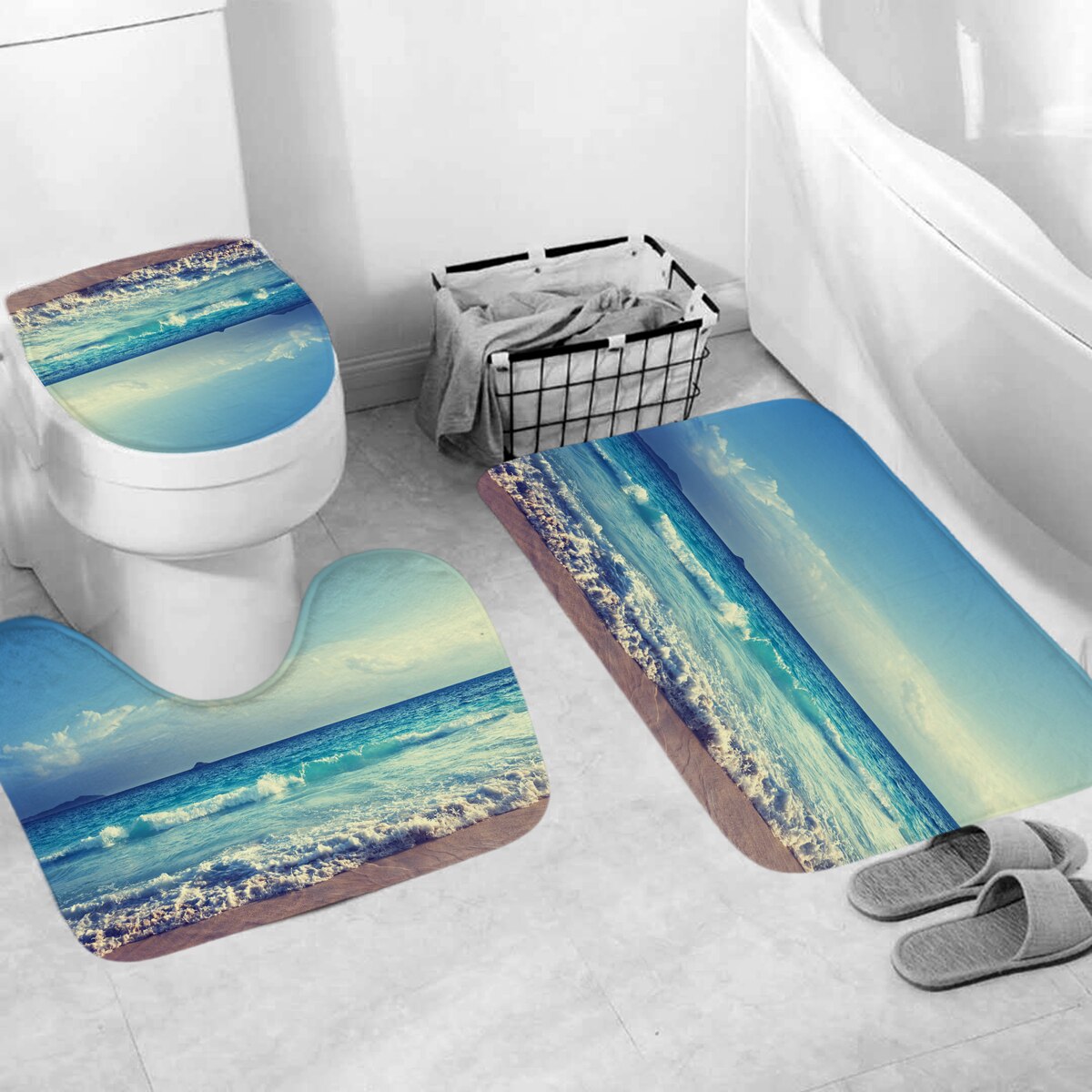 Coastal Strand Landschap Gedrukt Patroon Douchegordijn Voetstuk Tapijt Deksel Wc Cover Mat Badmat Set Badkamer Gordijnen Met Haken: L 3PCS