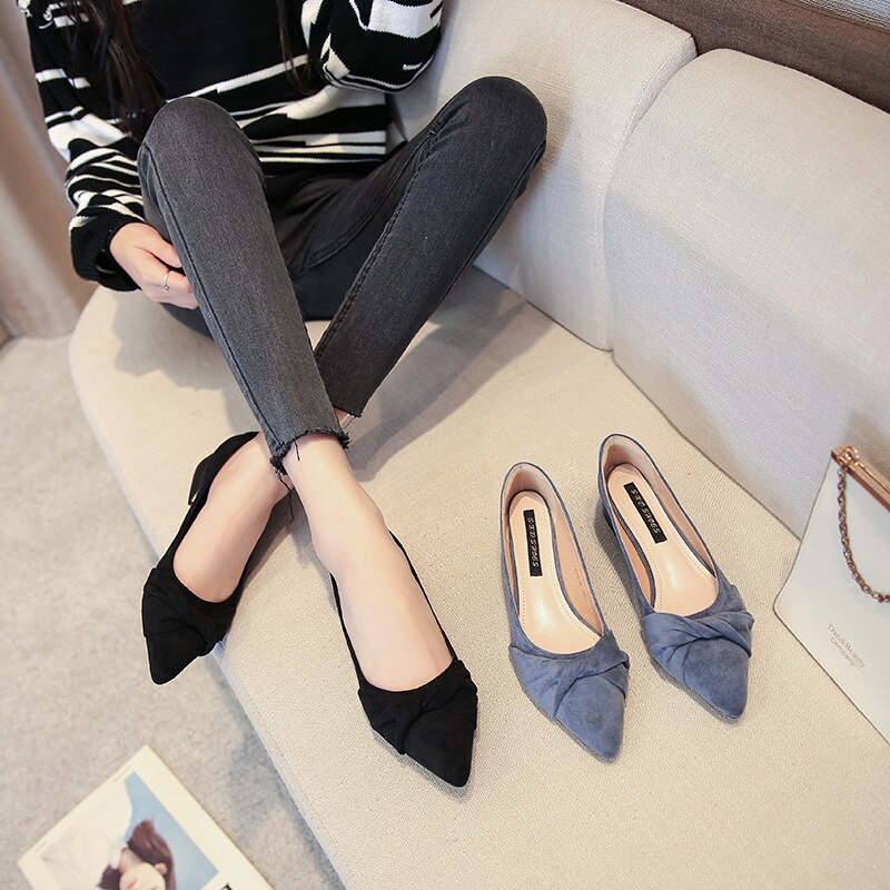 Suède damesschoenen instappers dames lage hak mocassins ondiepe enkel damesschoenen lente herfst puntige neus zapatos mujer
