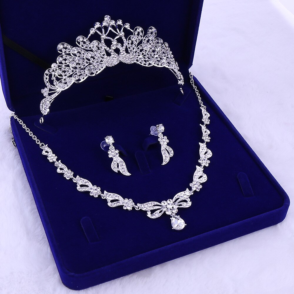 Luxe Zilver Kleur Crystal Bridal Sieraden Set Bruiloft Cubic Crown Tiara Oorbellen Ketting Set Afrikaanse Kralen Sieraden Set