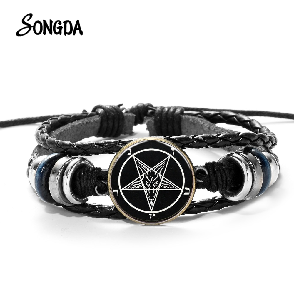 Red Goat Head Braided Bracelet Men Retro Bronze Pentagram Pattern Leather Bracelets Bangle Satanism Gothic Style