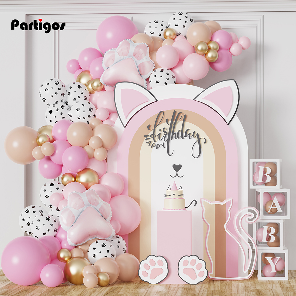91 Uds globo temático de gato Meow guirnalda arco Rosa Pata de Gato globo de aluminio niños 1er cumpleaños Baby Shower decoración Globos