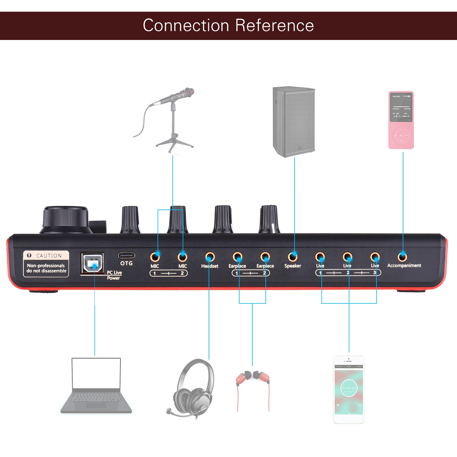 Muslady SK300 Live Sound Card External Voice Changer Audio Mixer Built-in Rechargeable Battery Multiple Sound Effects for Live