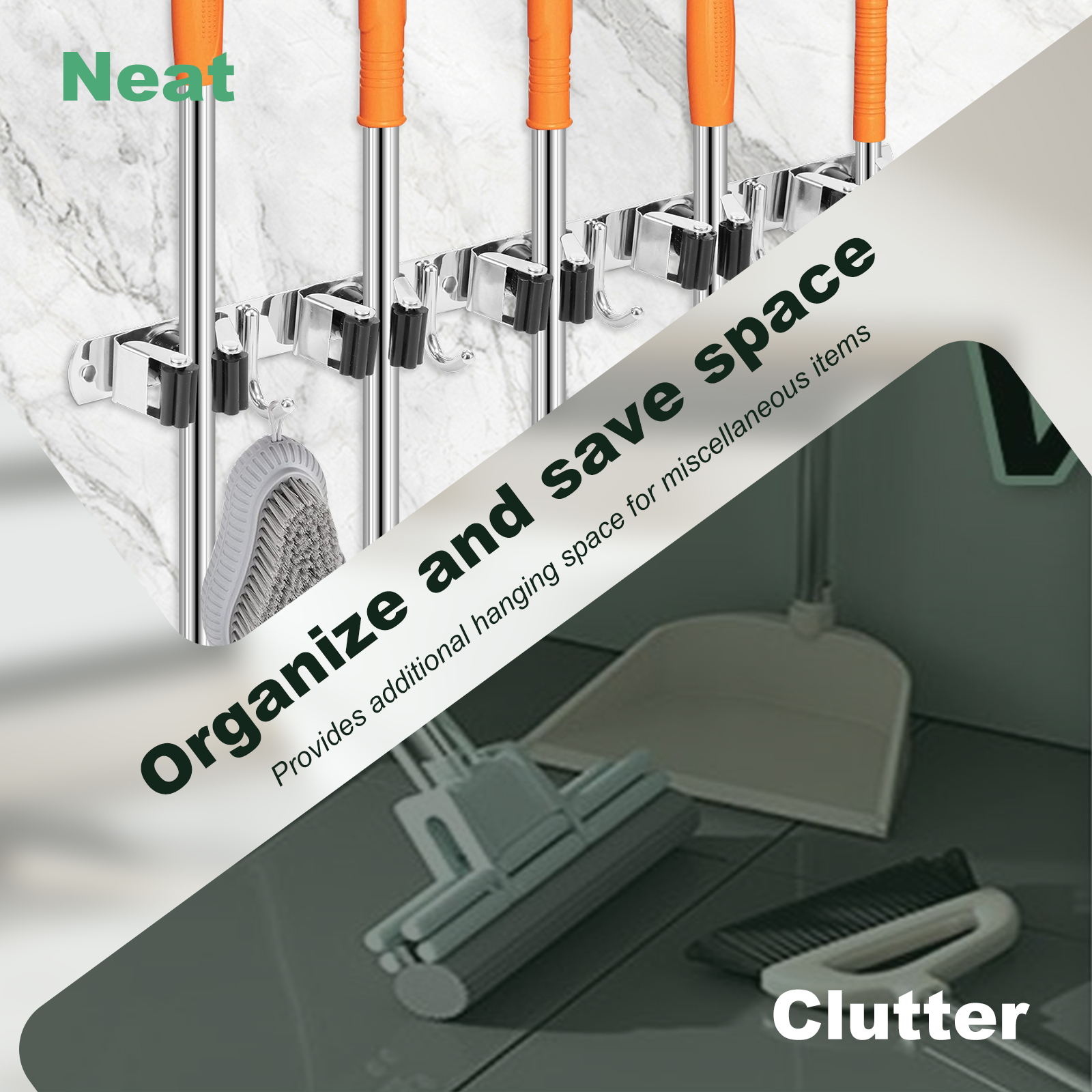 Mopp- och kvasthållare i rostfritt stål, väggmonterad, stark kvasthållare för badrumskök