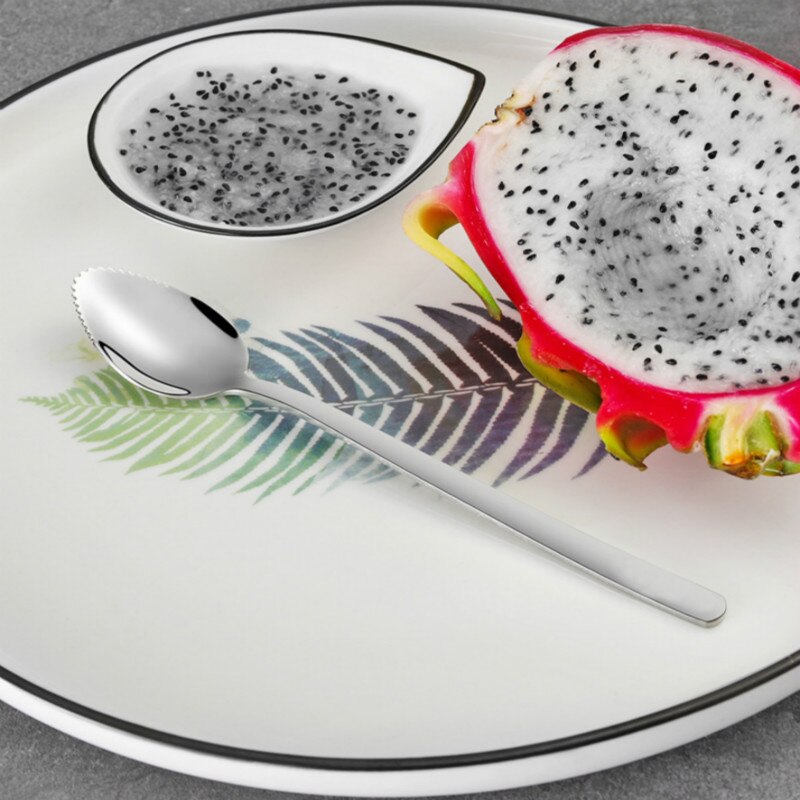 Rostfritt stål grapefruktskedar för citrusfrukt spegelfinish tandad vattenmelon dessert långskaft sked för barn