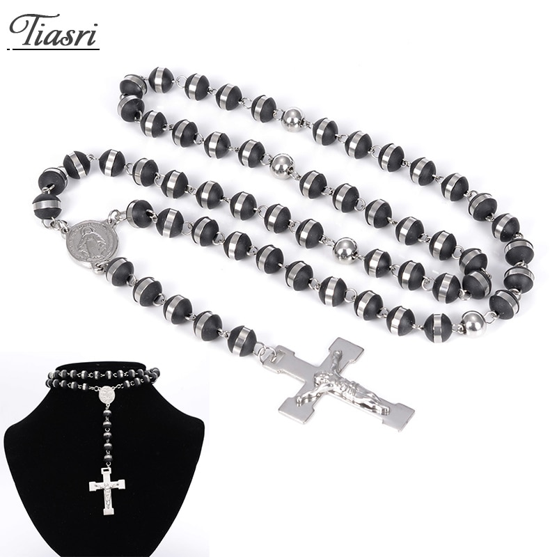 Tiasri Halskette Für Frau Kreuz Anhänger Schmuck zur Seite fahren Lange Kette Runde Perle Kragen Halsband Edelstahl Ornament