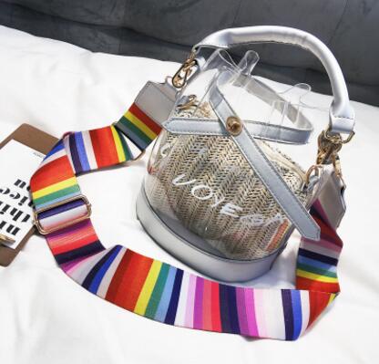 HISUELY Jelly Bag Summer PVC Shoulder Bag Tote Colorful Handle Messenger Chain Plastic Handbag Transparent Bucket Bucket Lock: Silver