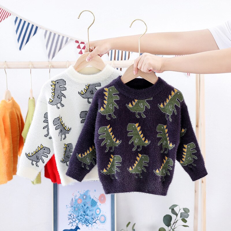Baby gutt klær barn gutt genser høst vinter strikket varme klær barneklær dinosaur baby klær genser: Lilla / 2t- størrelse 90