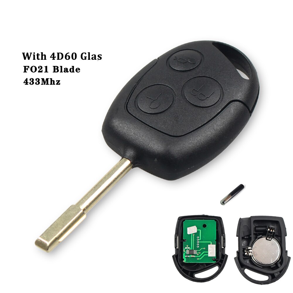 KEYYOU-llave remota de repuesto para coche Ford, transpondedor 4D60/4D63 de 433Mhz para Ford Focus Fusion Mondeo Galaxy, 3 botones, hoja FO21: With 4D60 Glass
