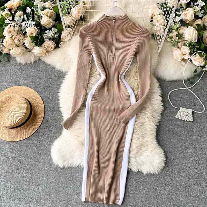 YuooMuoo Autumn Winter Women Sweater Dress Zipper Collar Long Sleeve Casual Knitted Bodycon Dress Slim Stretchy Ladies Dresses: Khaki