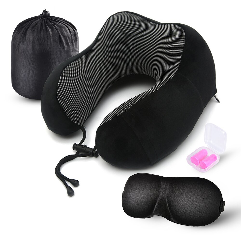 Travel Pillow Memory Foam Neck Pillow Airplane Travel Kit with 3D Eye Masks, Earplugs and Luxury Bag: black