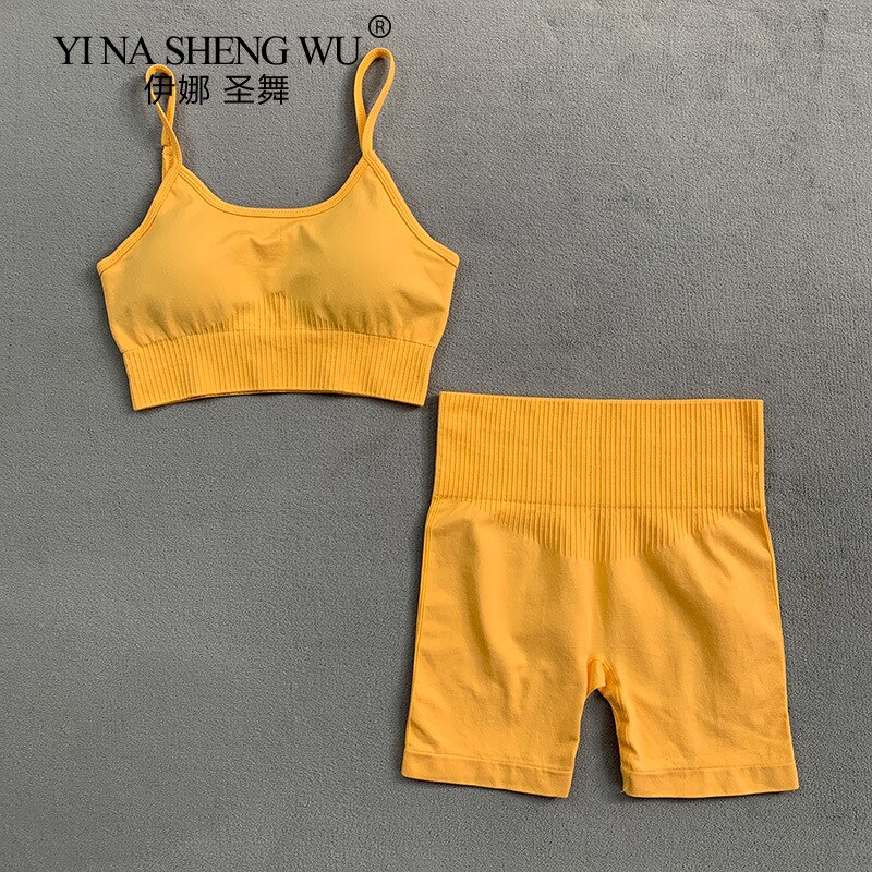 Vrouwen 2 Stuk Yoga Set Bh + Hoge Taille Shorts Sport Pak Gym Fitness Pak Vest + Shorts Strakke Legging sport Sets Sportkleding: Yellow / S