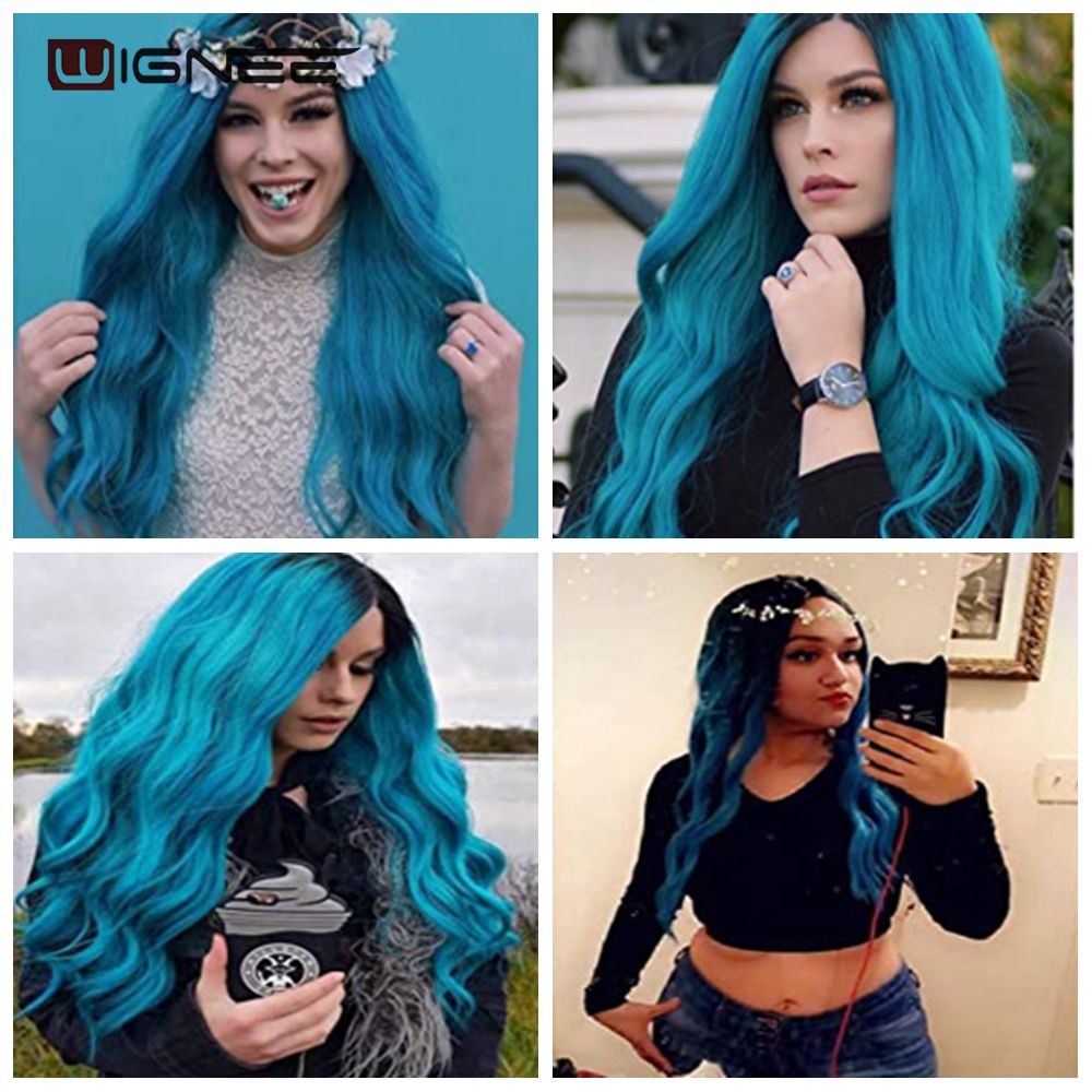 Wignee longo ondulado fibra azul perucas sintéticas parte média resistente ao calor para cabelo natural feminino diário/festa/cosplay party perucas