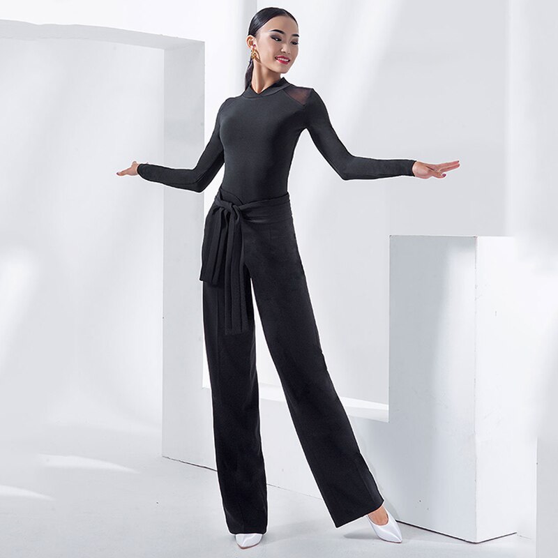 Ballroom Dance Clothes Female Women Latin Tops Black Long Sleeves Mesh Standard Waltz Dance Costume Practice Wear Shirt DNV14636