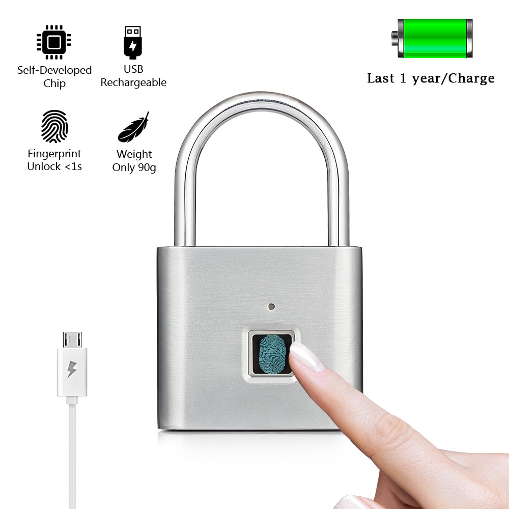 USB Rechargeable Smart Keyless Fingerprint Electric Lock IP65 Waterproof Anti-Theft Security Padlock Door Luggage Lock