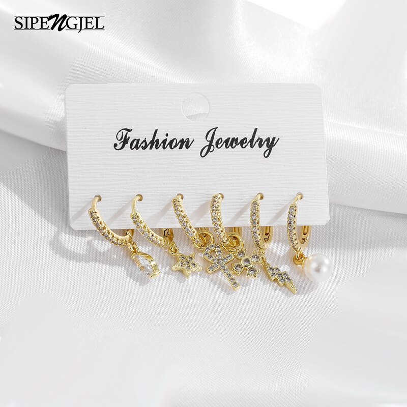 étoile croix foudre perle boucles d'oreilles ensemble de cristal petit cerceau boucles d'oreilles ensembles bijoux accesorio